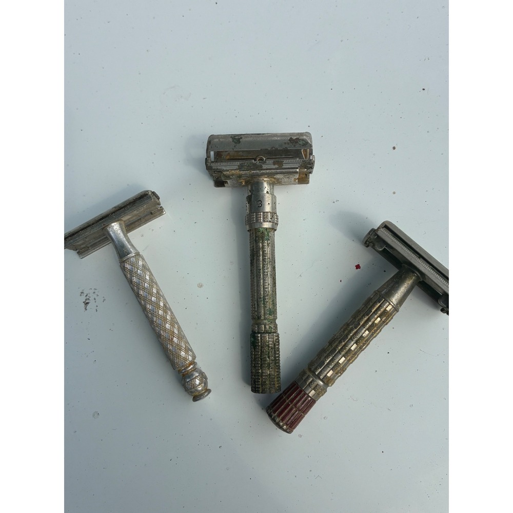 Vintage Gillette Safety Razor Lot Fatboy Adjustable Red Tip Super Speed 3pc Set